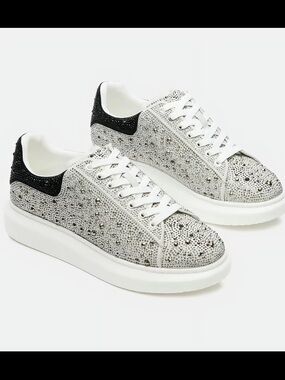 Steve Madden White and Black Crystal Platform Sneakers 9.5